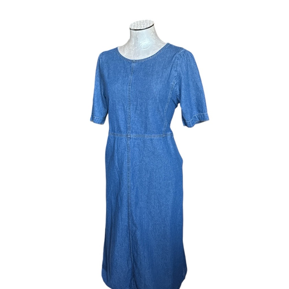 BREAL Blue Lightweight Denim Midi Dress Puff Sleeve Side Pockets Back Slit Large